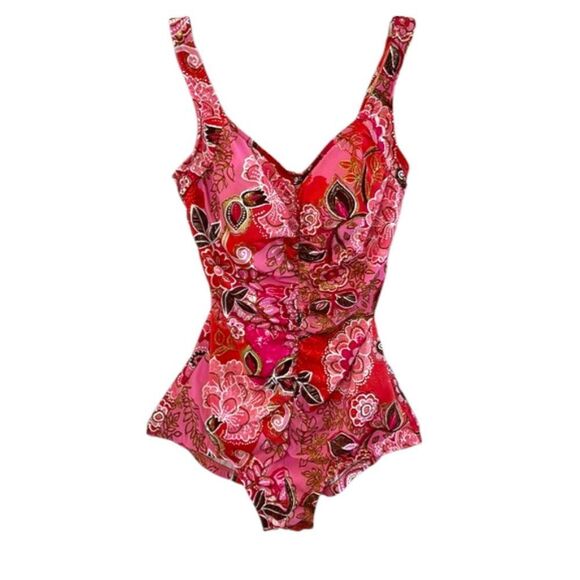 Maxine of Hollywood Pink and Red Floral One Piece Swimsuit - Picture 1 of 12